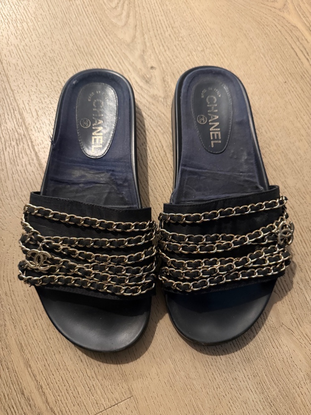 CHANEL Black Slide Sandals with Gold Chain Trim